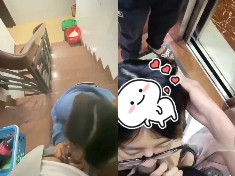 Em đang liếm buồi thì thang máy có người vào, vừa hồi hộp vừa nứng